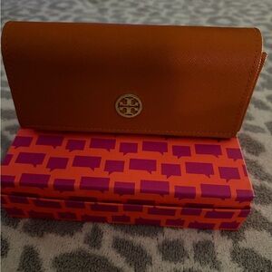 Tory Burch Orange Saffiano Continental Wallet with Logo Medallion